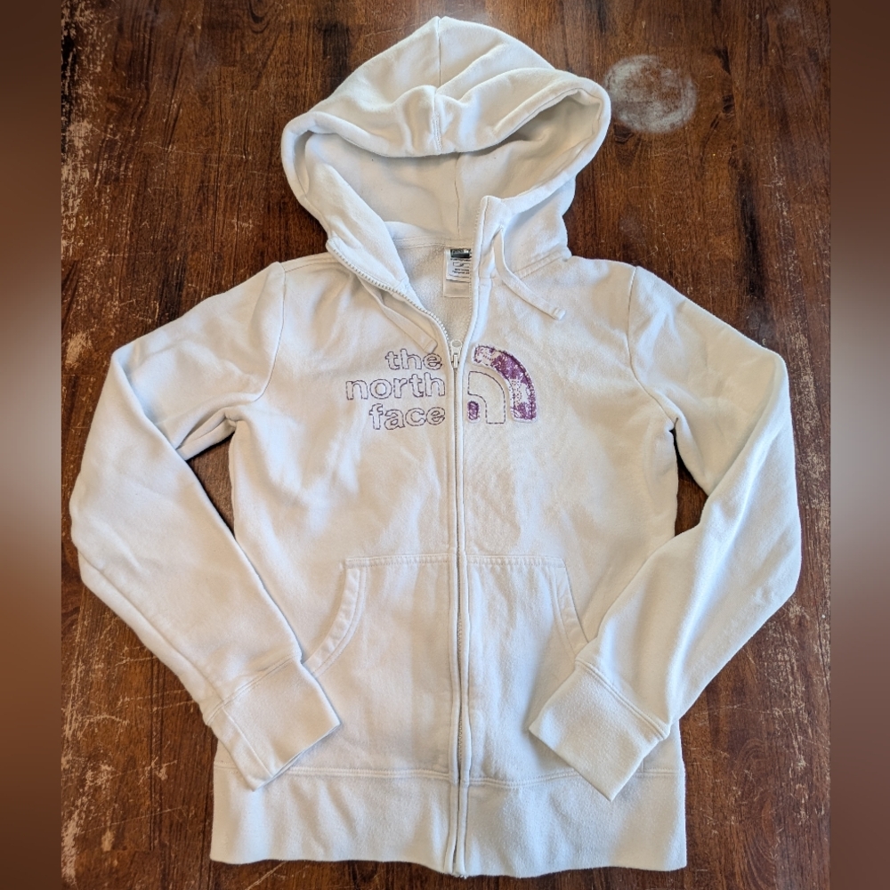 The North Face White Hoodie W Purple Lettering Women's Small Zip Up Used